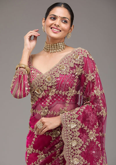 Rani Pink Zariwork Net Saree-Koskii