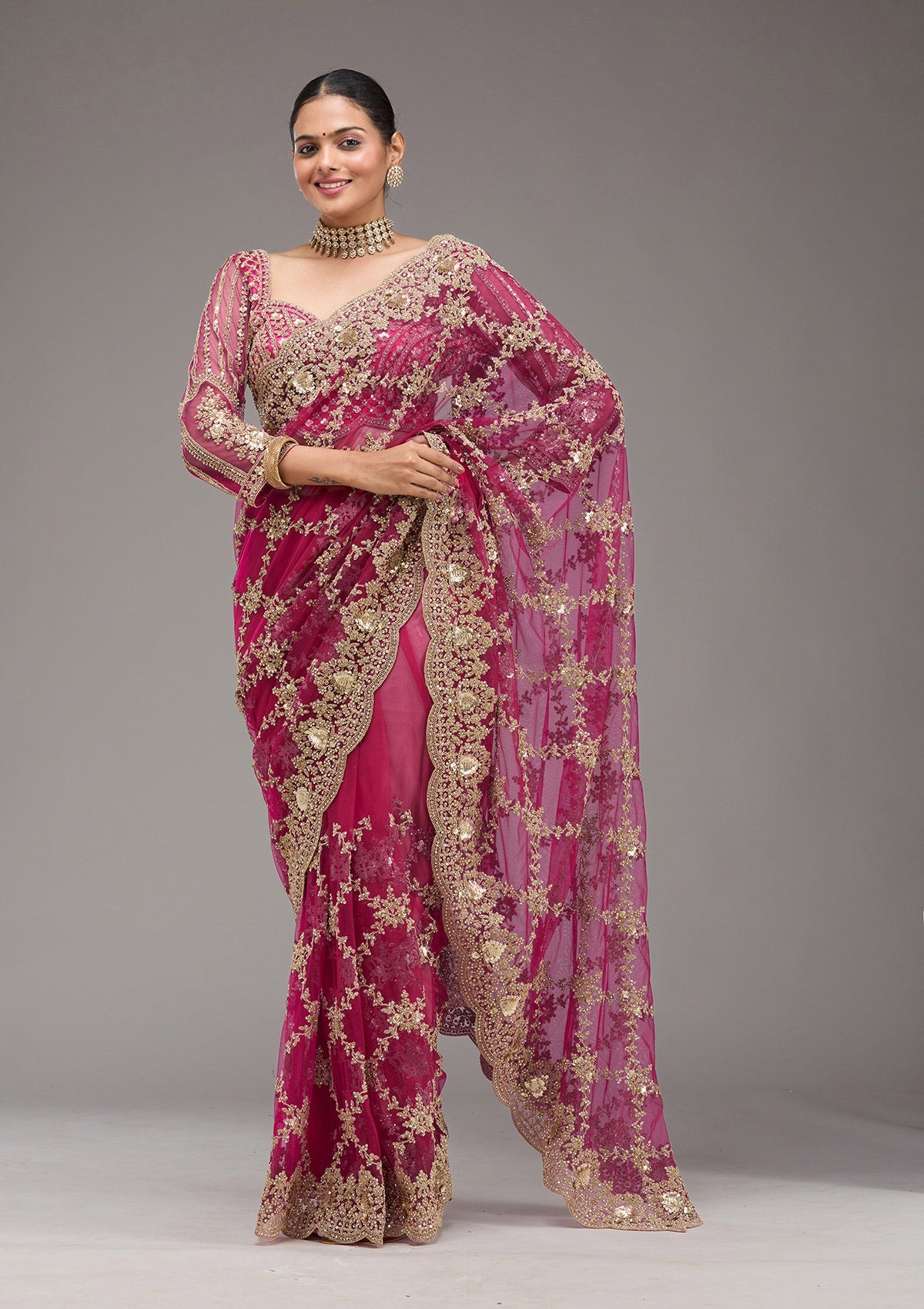 Buy Rani Pink Zariwork Net Saree - Koskii