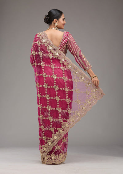 Rani Pink Zariwork Net Saree-Koskii