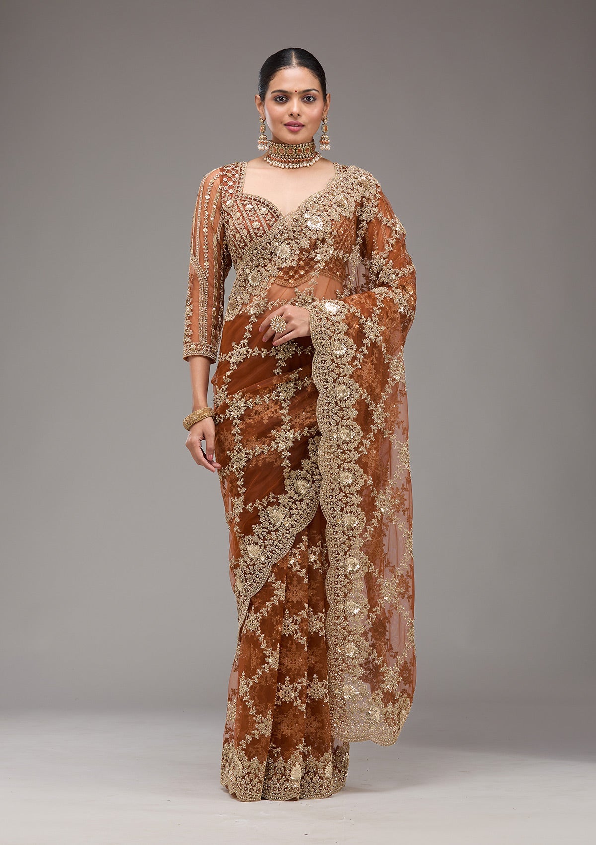 Rust Zariwork Net Saree-Koskii