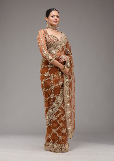 Rust Zariwork Net Saree-Koskii