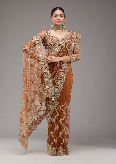 Rust Zariwork Net Saree-Koskii