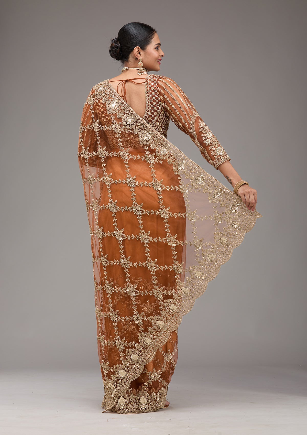 Rust Zariwork Net Saree-Koskii