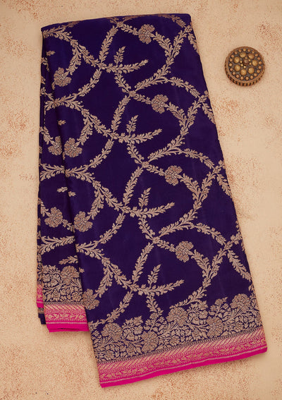 Navy Blue Zariwork Pure Silk Saree-Koskii