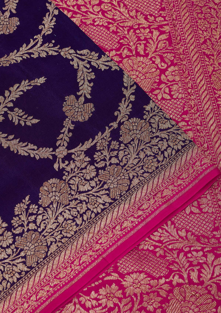 Navy Blue Zariwork Pure Silk Saree-Koskii