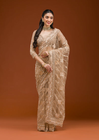 Beige Stonework Net Saree-Koskii