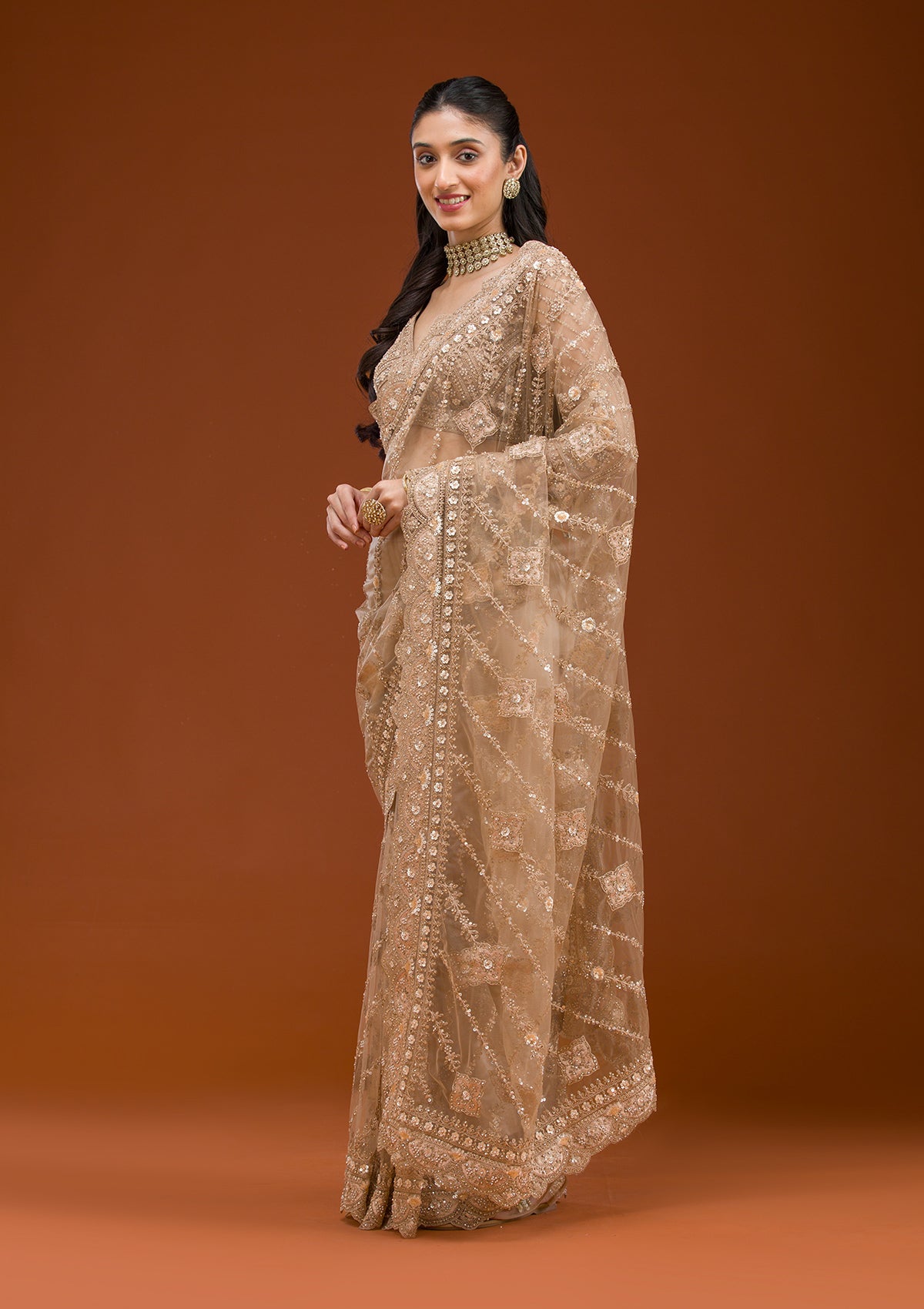 Beige Stonework Net Saree-Koskii