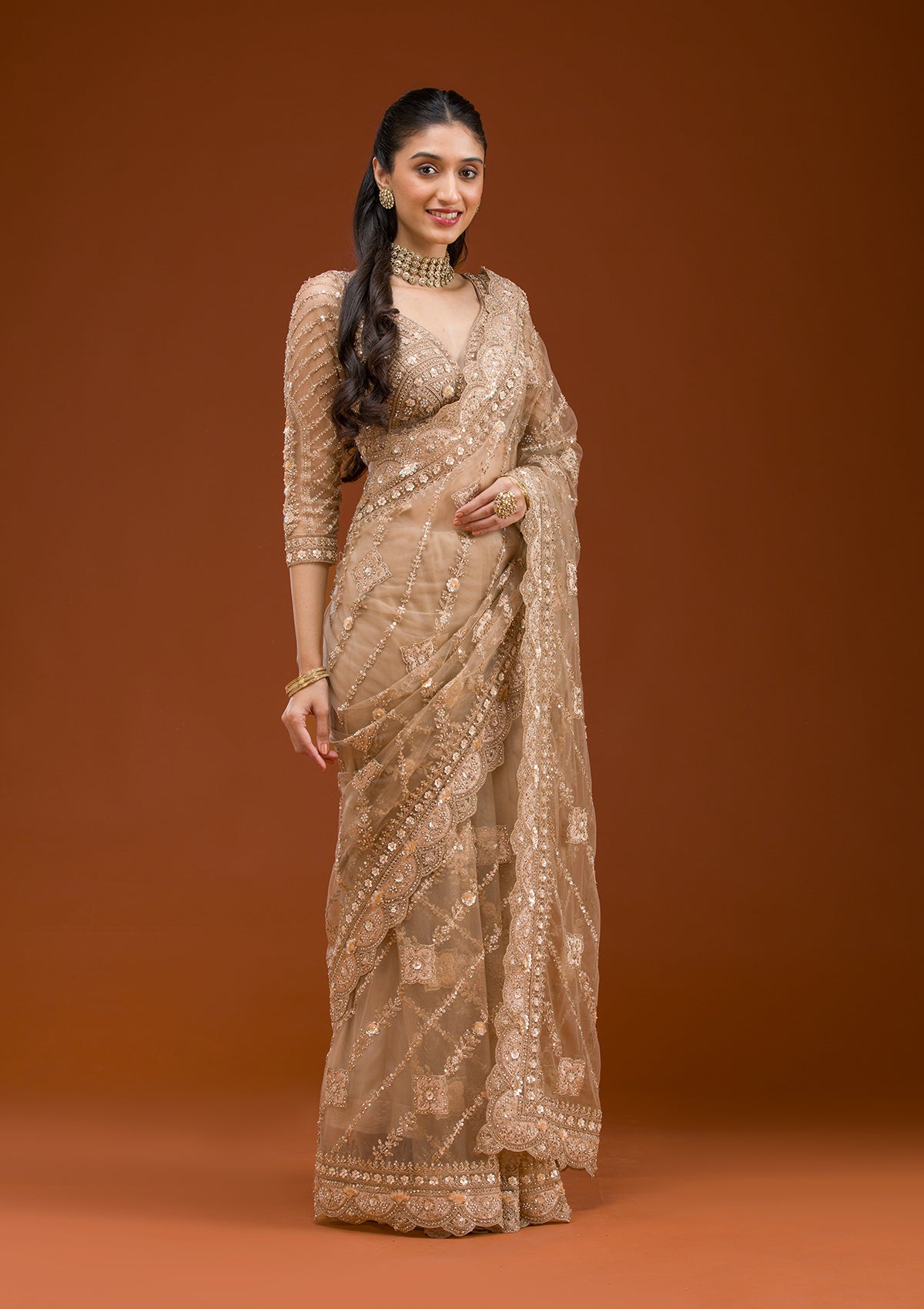 Beige Stonework Net Saree-Koskii