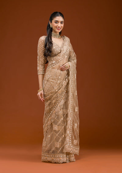 Beige Stonework Net Saree-Koskii