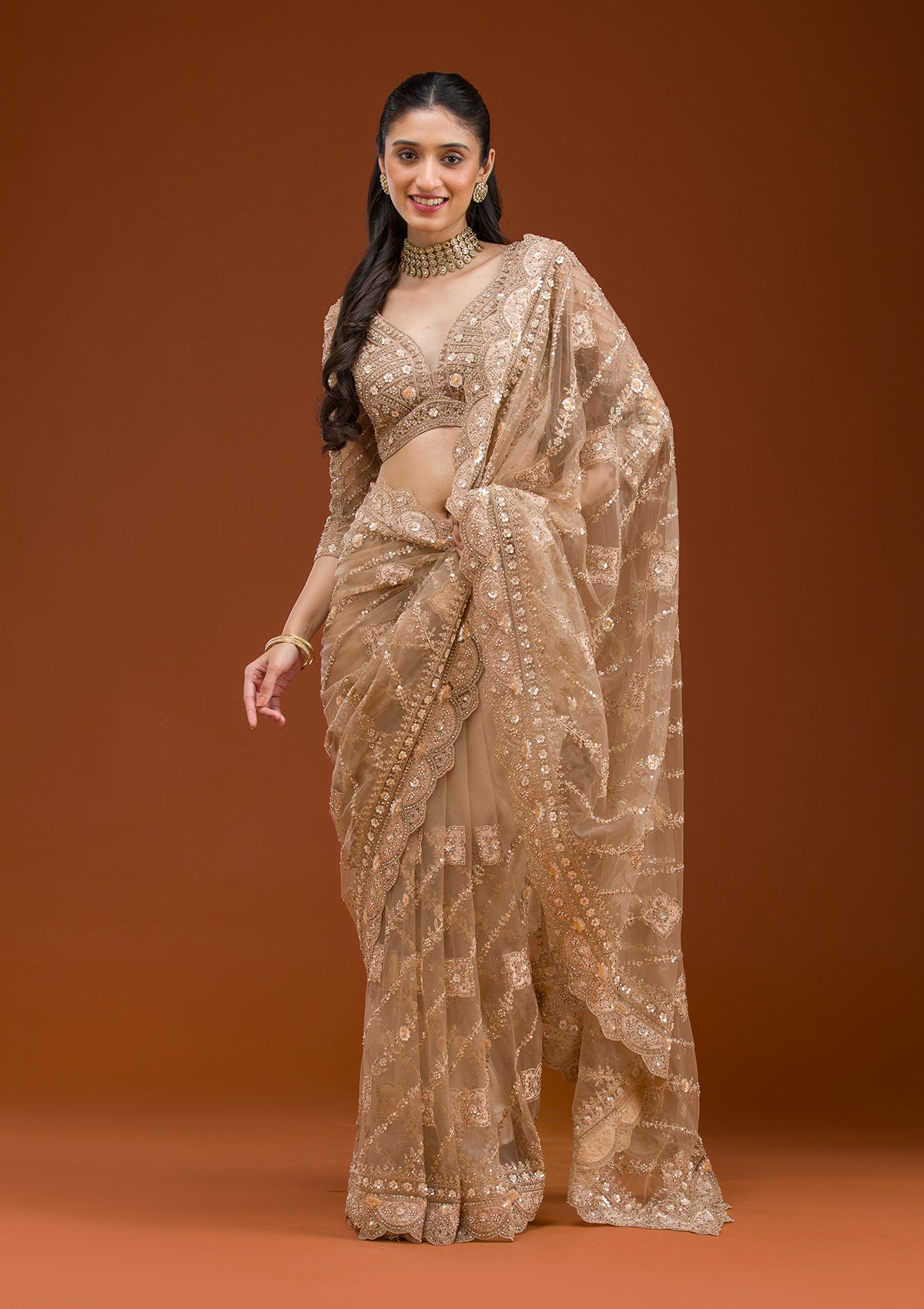 Beige Stonework Net Saree-Koskii