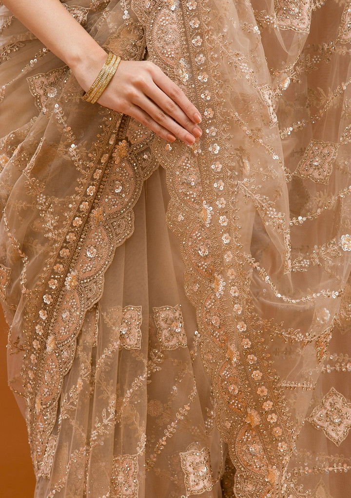 Beige Stonework Net Saree-Koskii