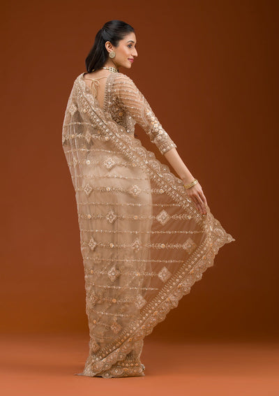 Beige Stonework Net Saree-Koskii