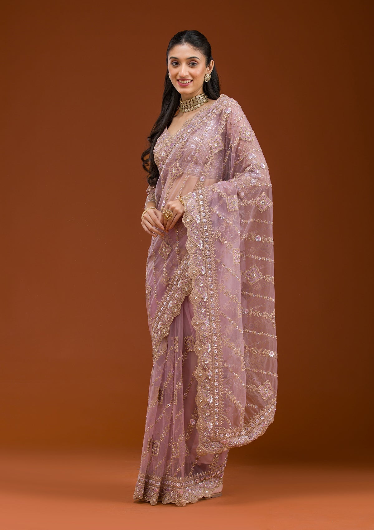 Lavender Stonework Net Saree-Koskii