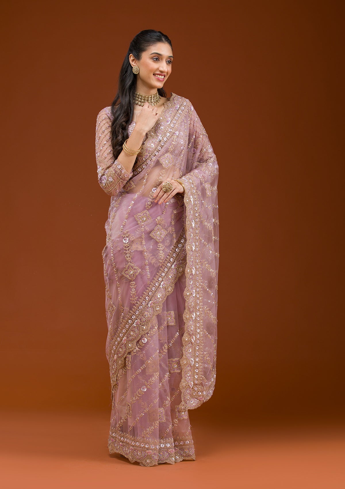 Lavender Stonework Net Saree-Koskii