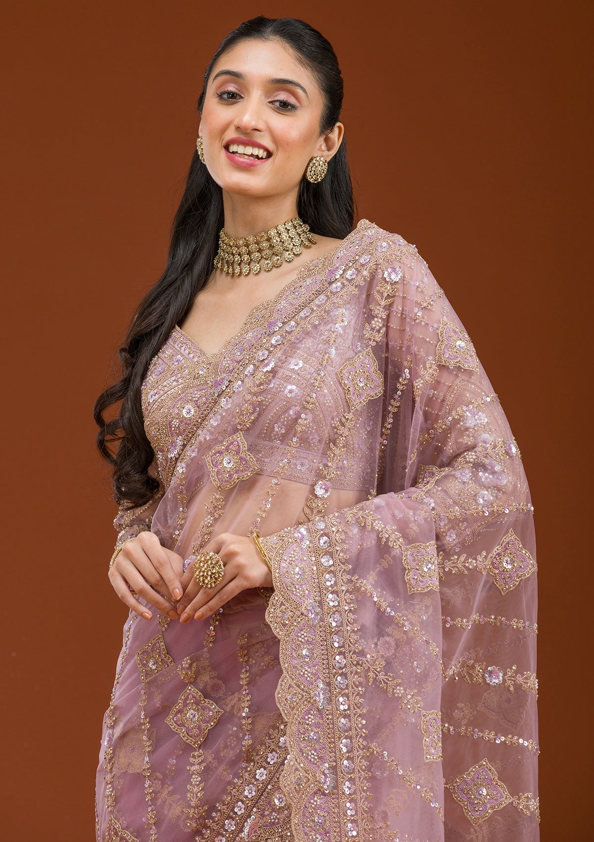 Lavender Stonework Net Saree-Koskii