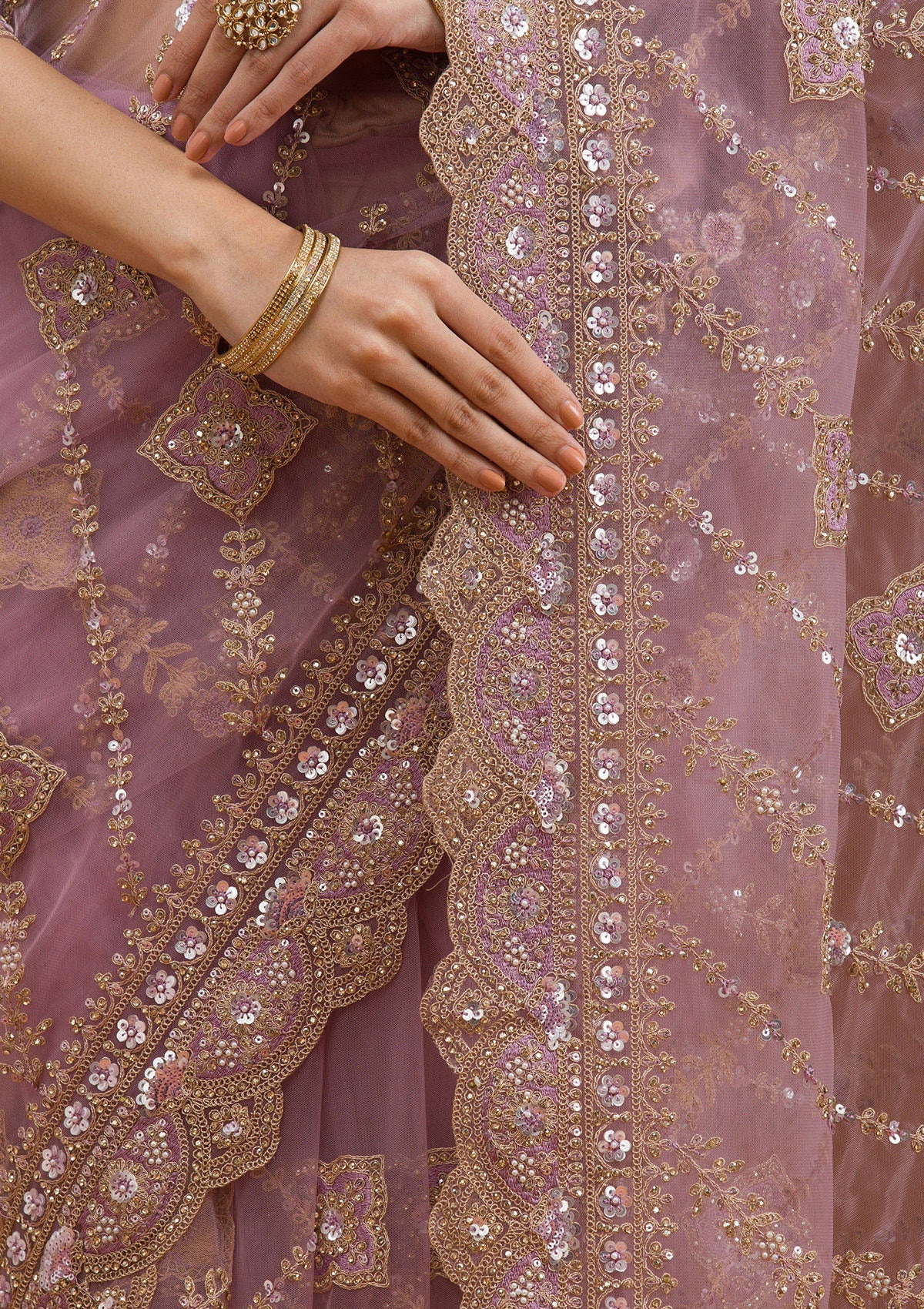 Lavender Stonework Net Saree-Koskii