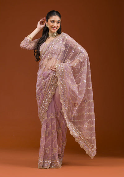 Lavender Stonework Net Saree-Koskii