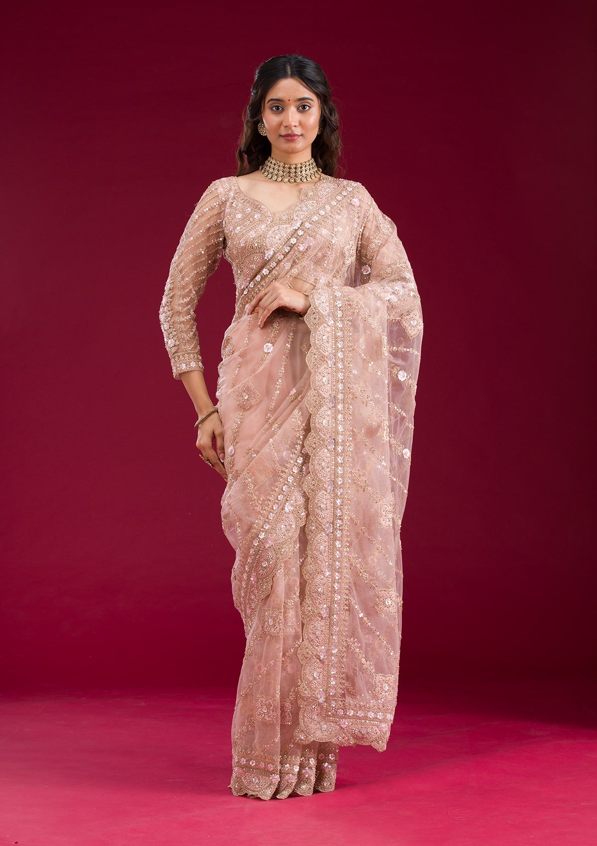 Light Peach Stonework Net Saree-Koskii