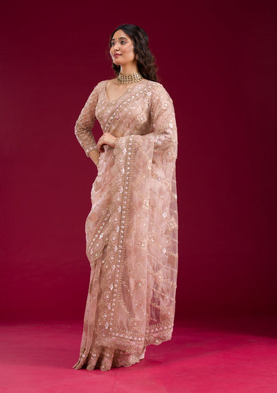 Light Peach Stonework Net Saree-Koskii