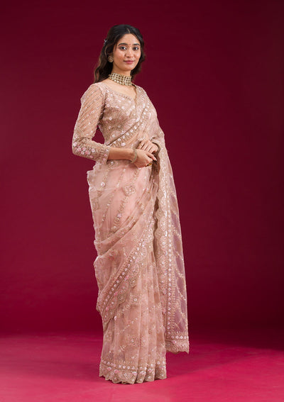 Light Peach Stonework Net Saree-Koskii