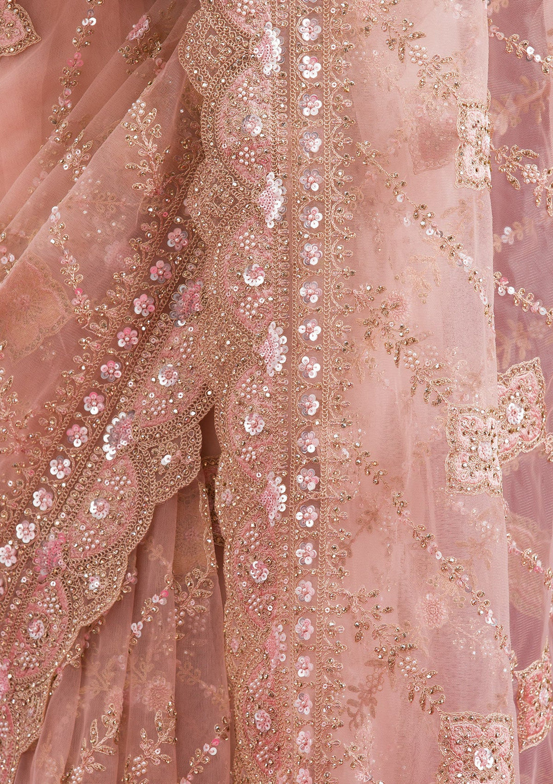 Light Peach Stonework Net Saree-Koskii