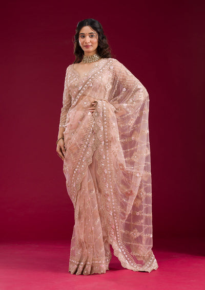 Light Peach Stonework Net Saree-Koskii