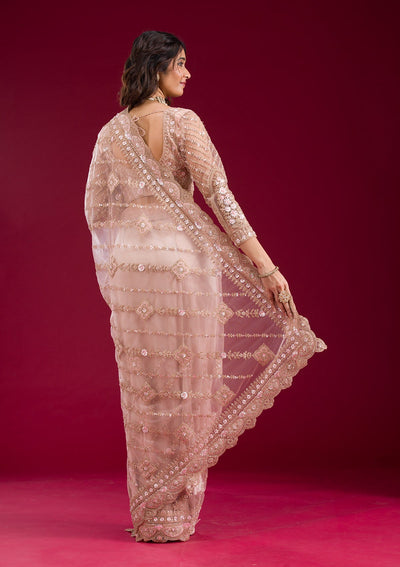 Light Peach Stonework Net Saree-Koskii