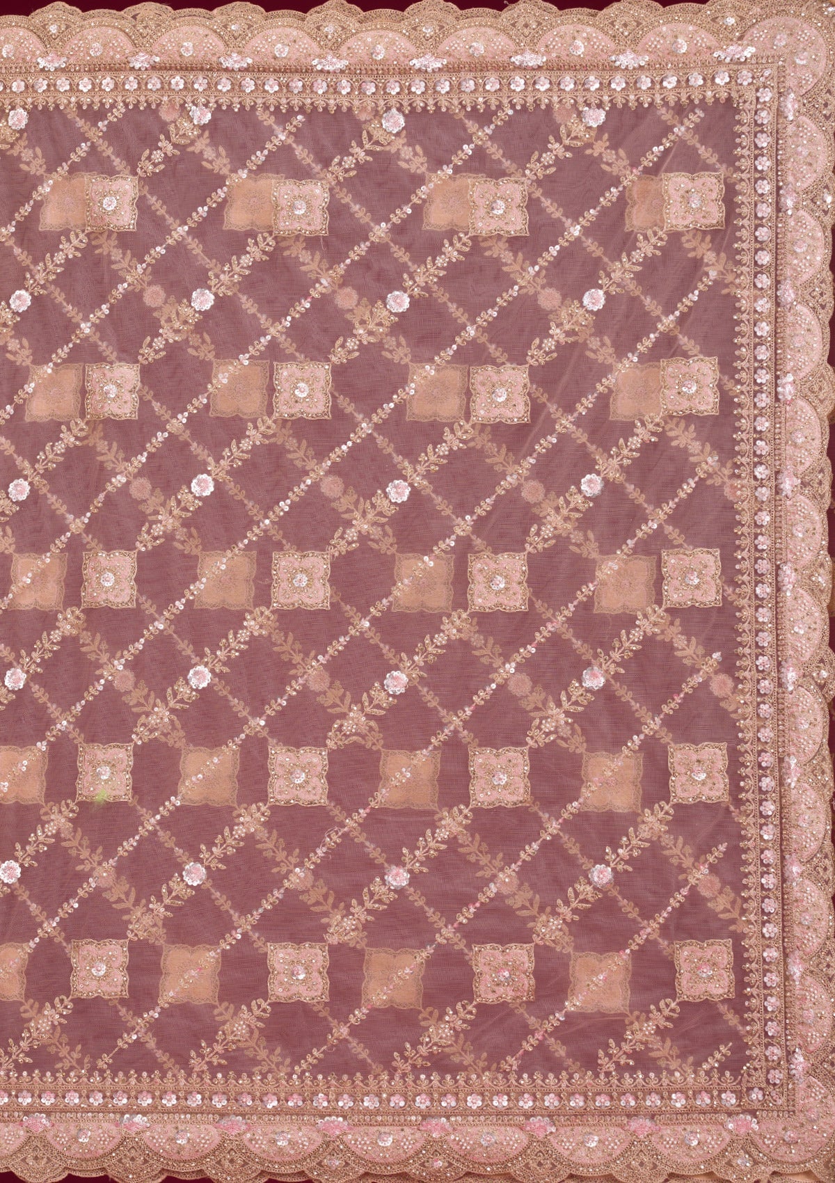 Light Peach Stonework Net Saree-Koskii