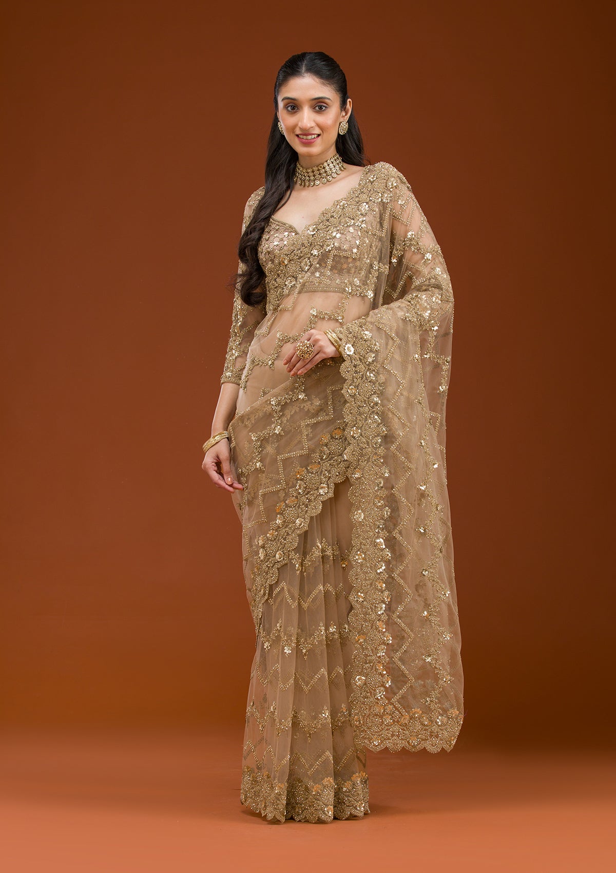 Beige Stonework Net Saree-Koskii