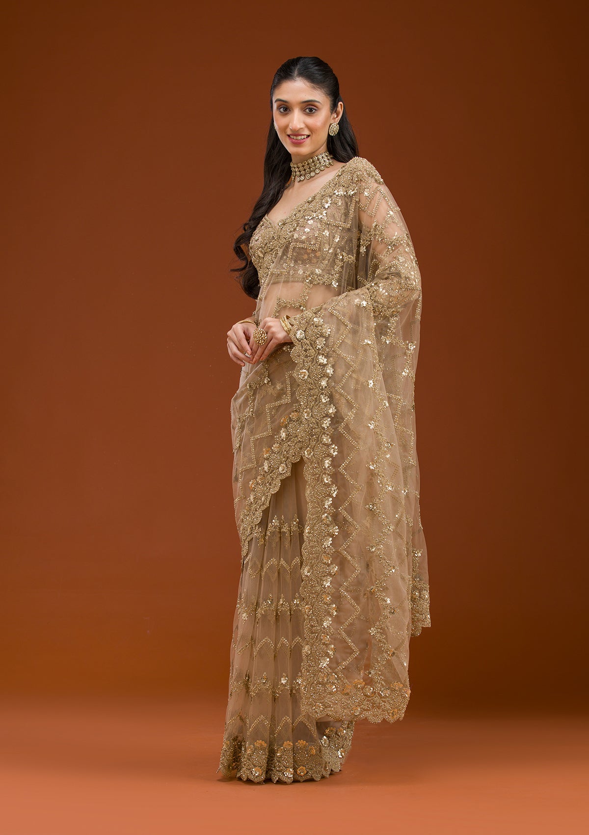 Beige Stonework Net Saree-Koskii