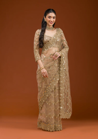 Beige Stonework Net Saree-Koskii