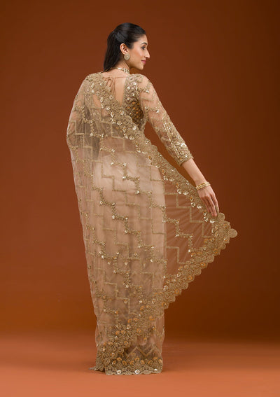 Beige Stonework Net Saree-Koskii