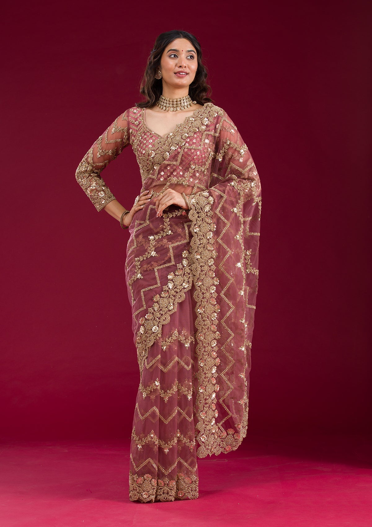 Mauve Stonework Net Saree-Koskii