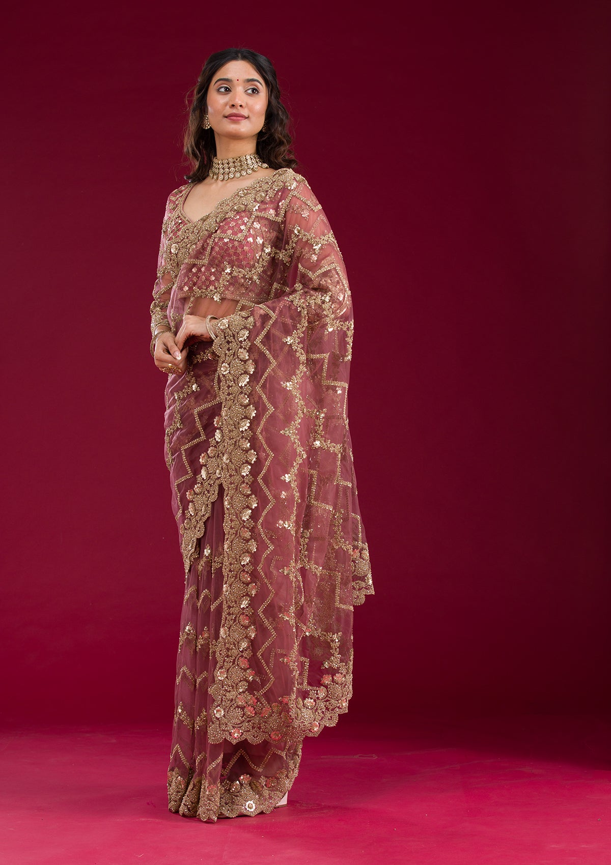 Mauve Stonework Net Saree-Koskii