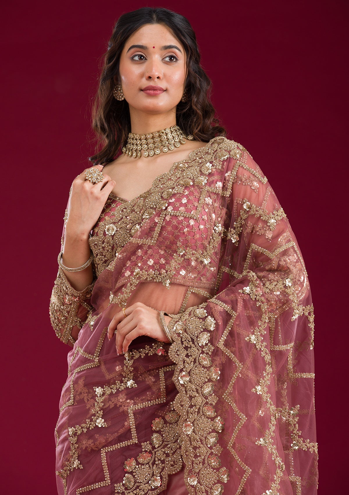 Mauve Stonework Net Saree-Koskii