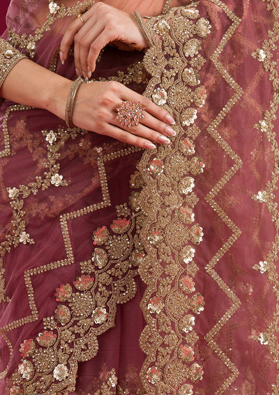 Mauve Stonework Net Saree-Koskii