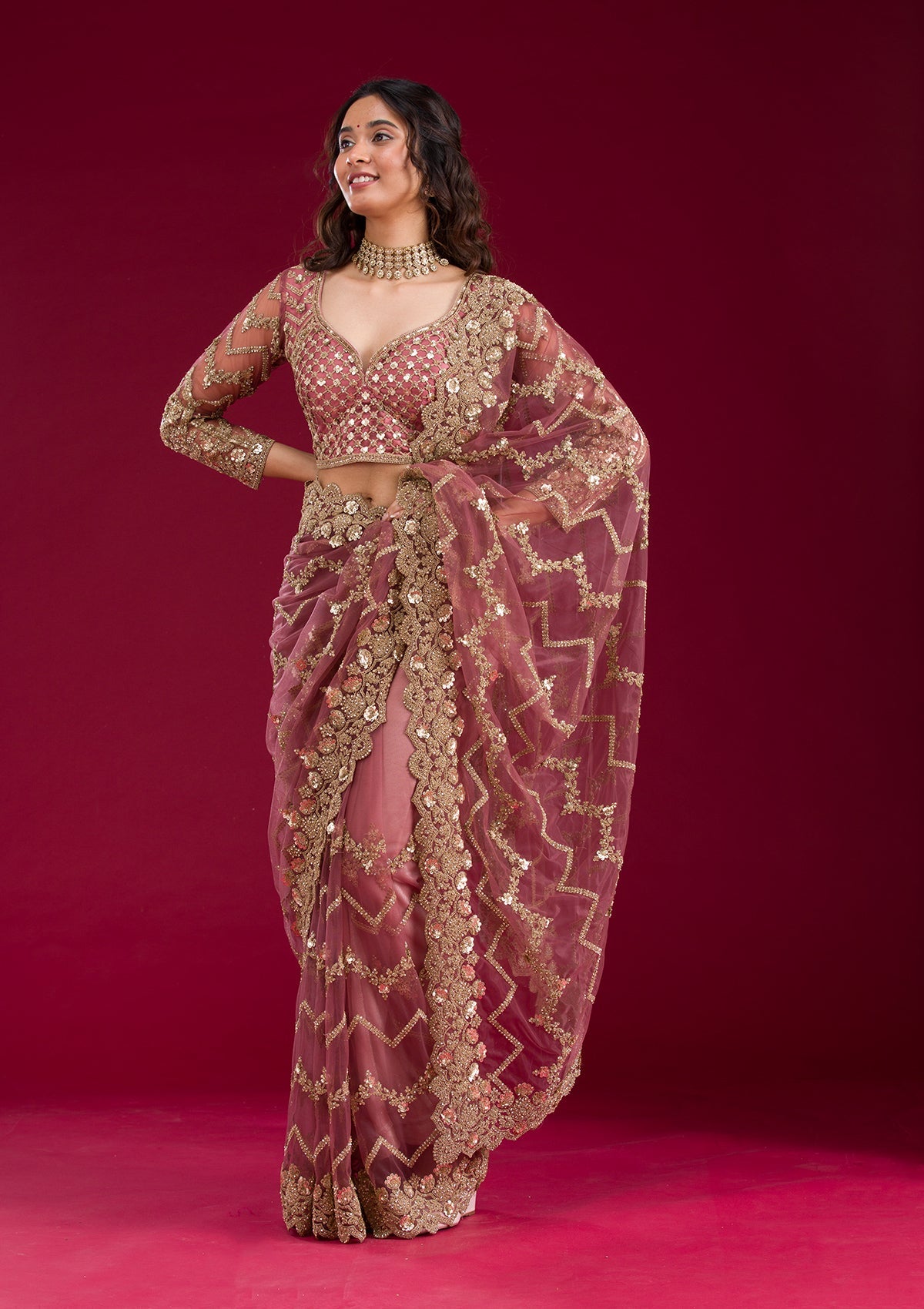 Mauve Stonework Net Saree-Koskii