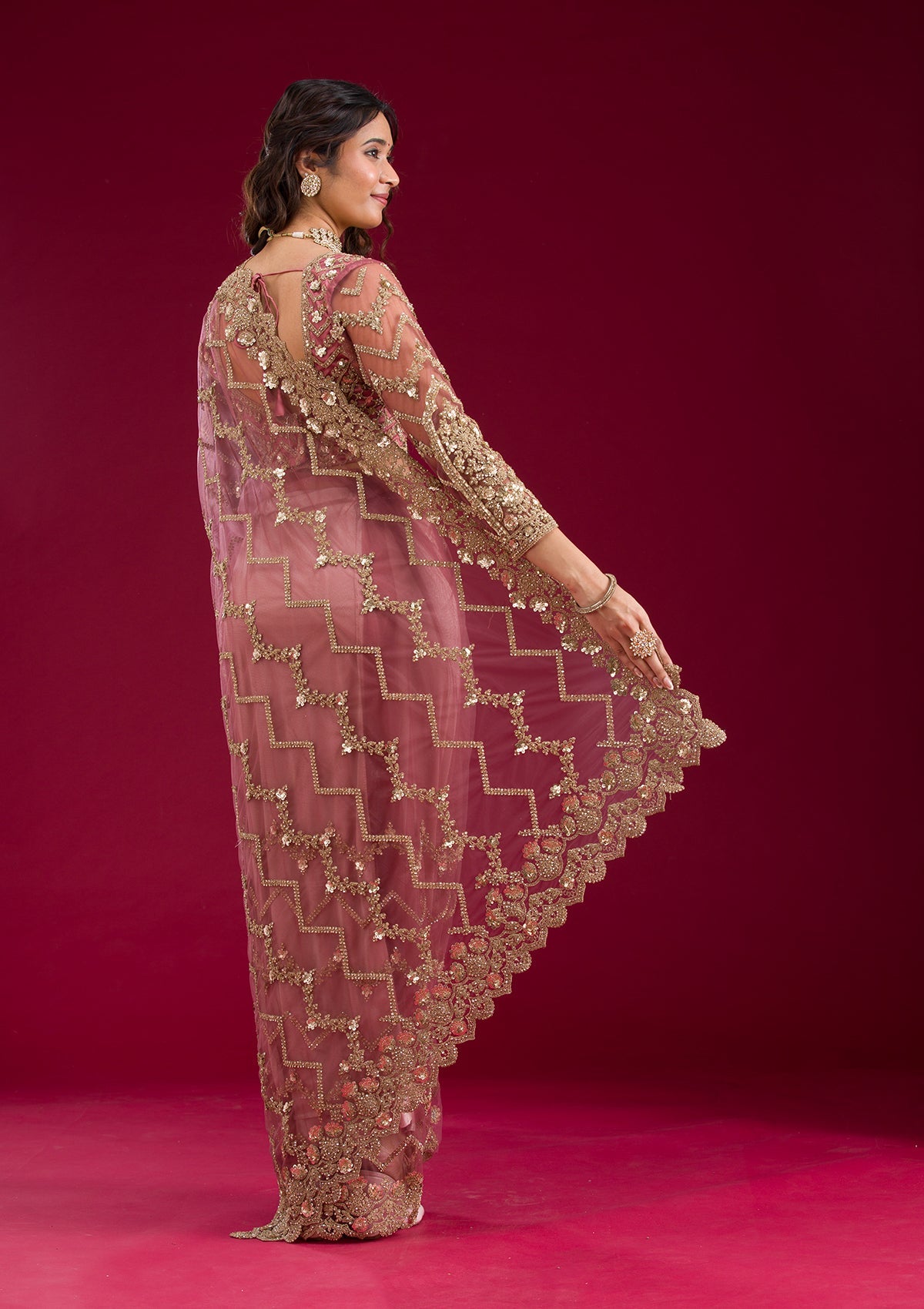 Mauve Stonework Net Saree-Koskii