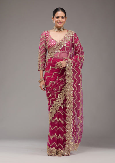 Rani Pink Stonework Net Saree-Koskii