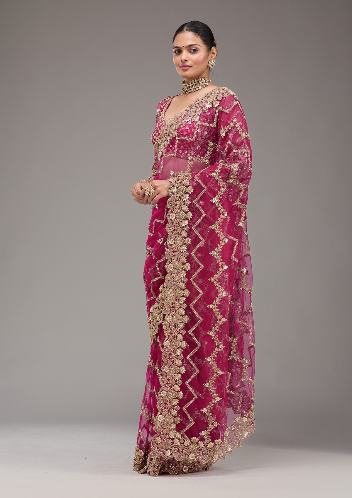 Rani Pink Stonework Net Saree-Koskii