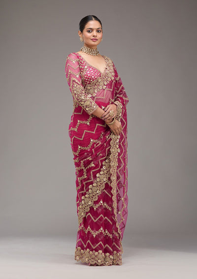 Rani Pink Stonework Net Saree-Koskii