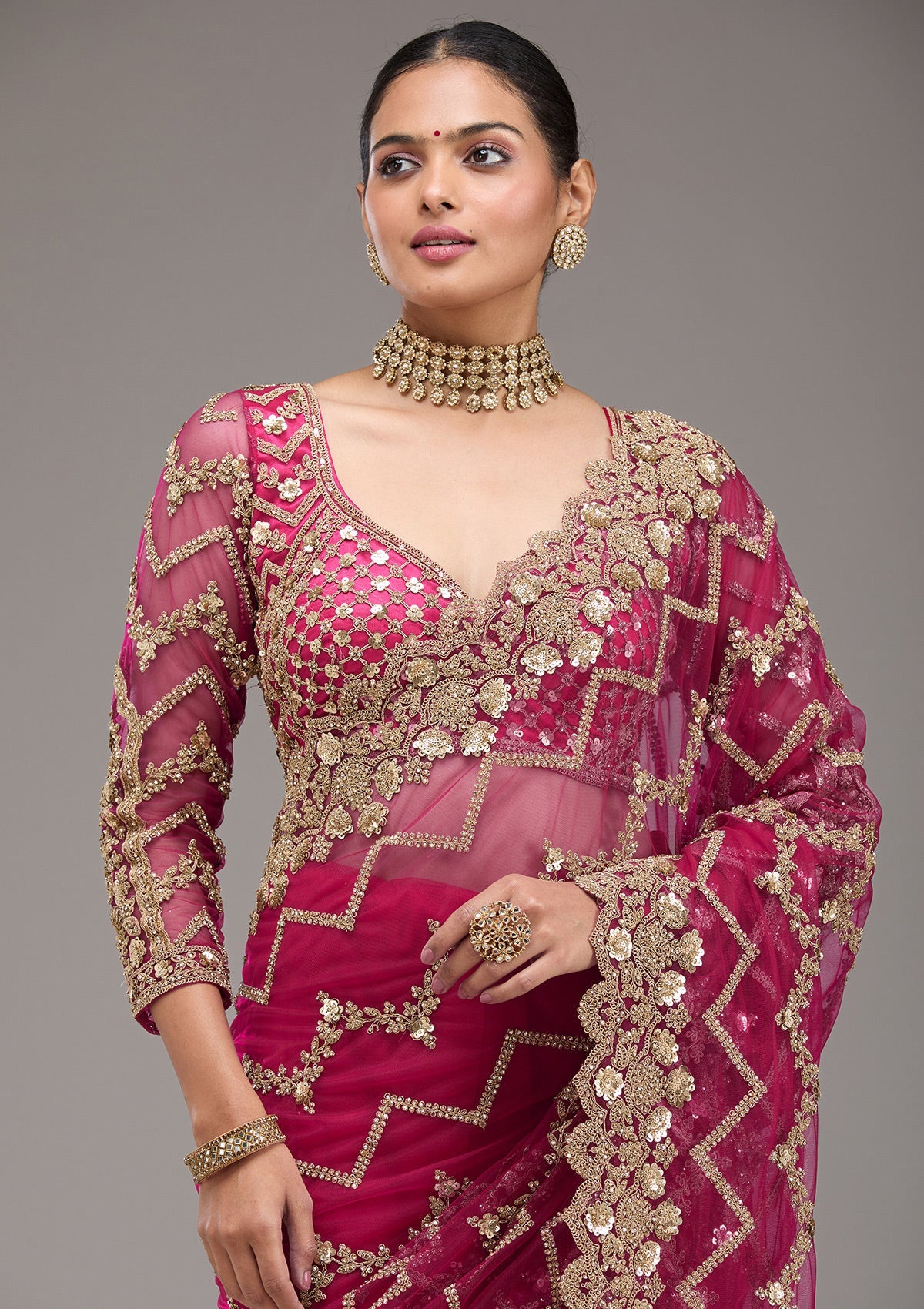 Buy Rani Pink Stonework Net Saree - Koskii
