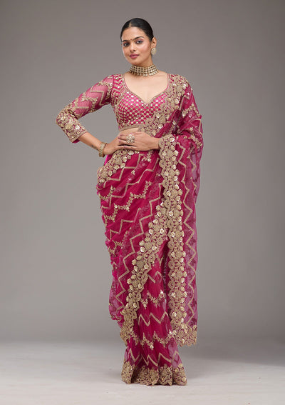 Rani Pink Stonework Net Saree-Koskii