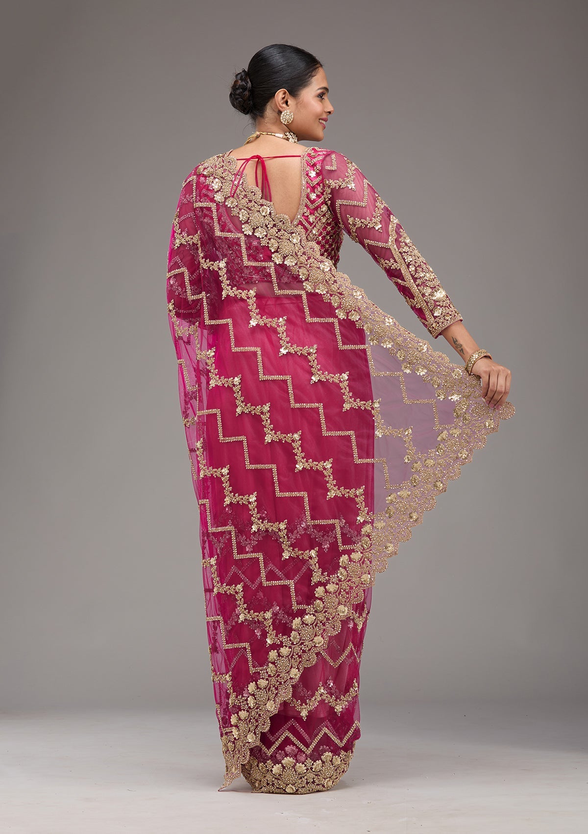 Rani Pink Stonework Net Saree-Koskii