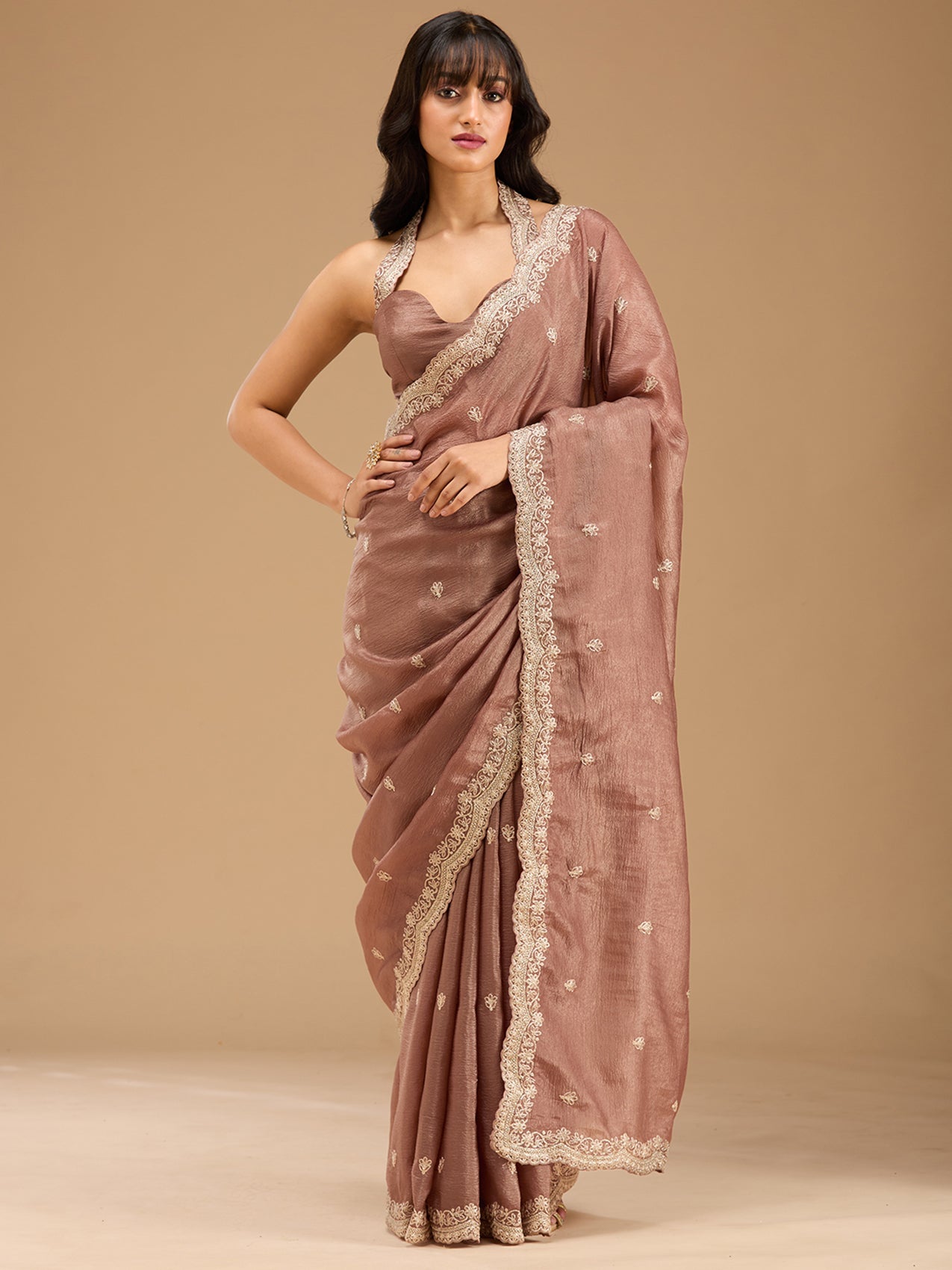 Brown Zariwork (Gold) Tissue Saree-Koskii