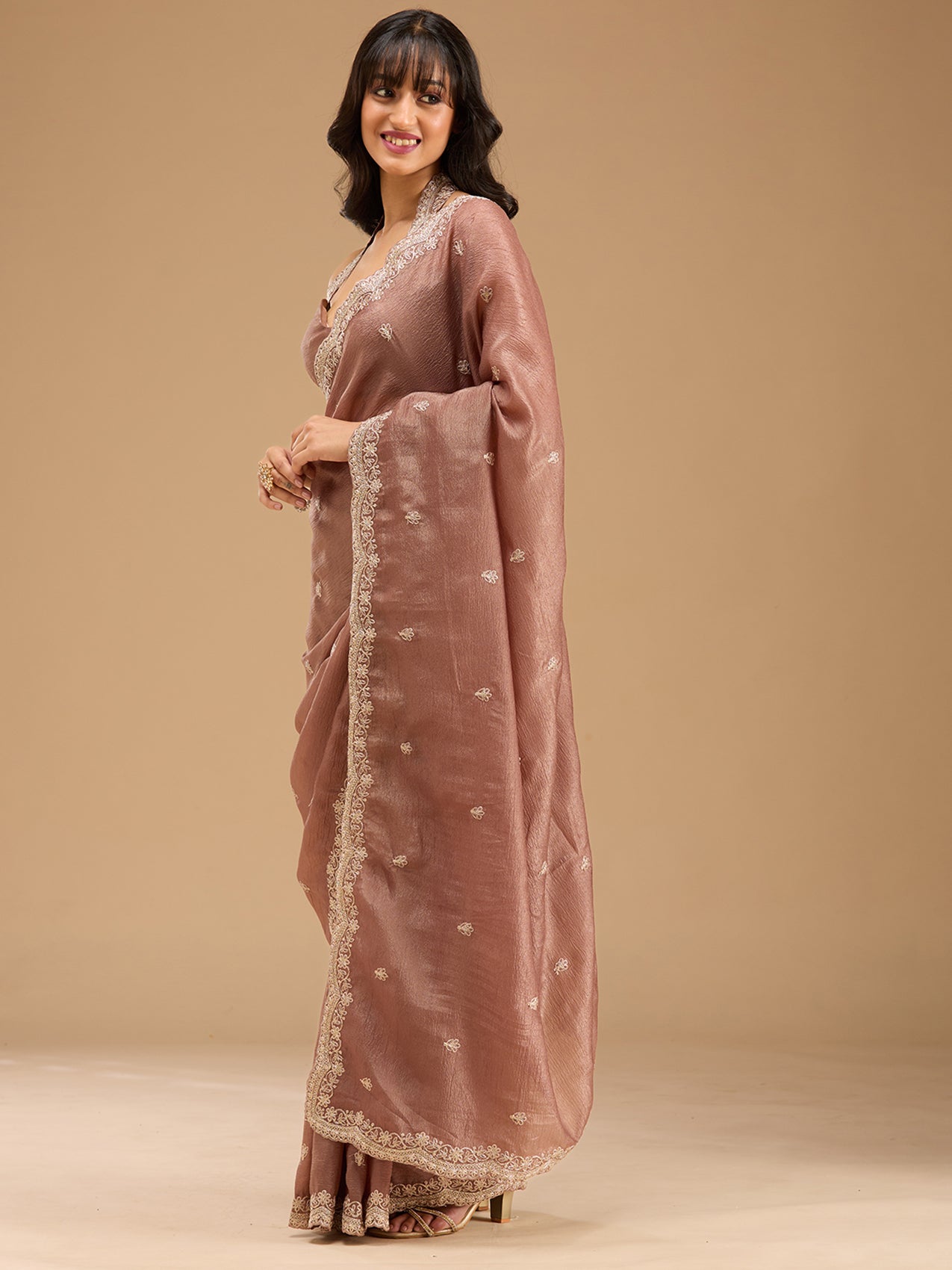 Brown Zariwork (Gold) Tissue Saree-Koskii