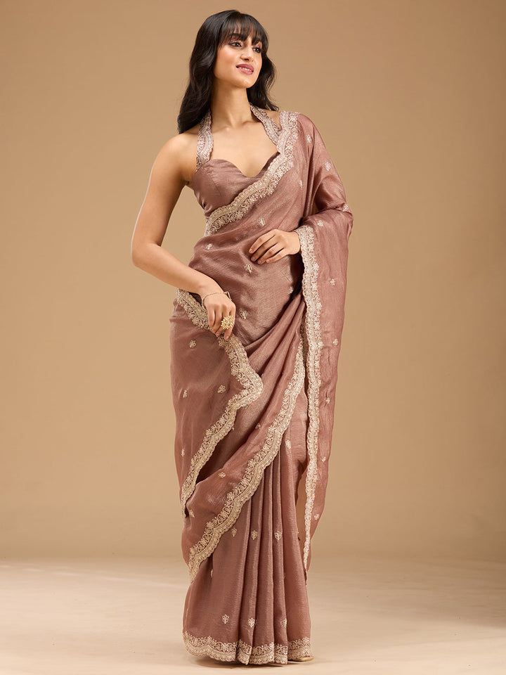 Brown Zariwork (Gold) Tissue Saree-Koskii