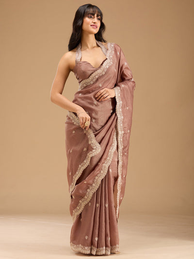 Brown Zariwork (Gold) Tissue Saree-Koskii