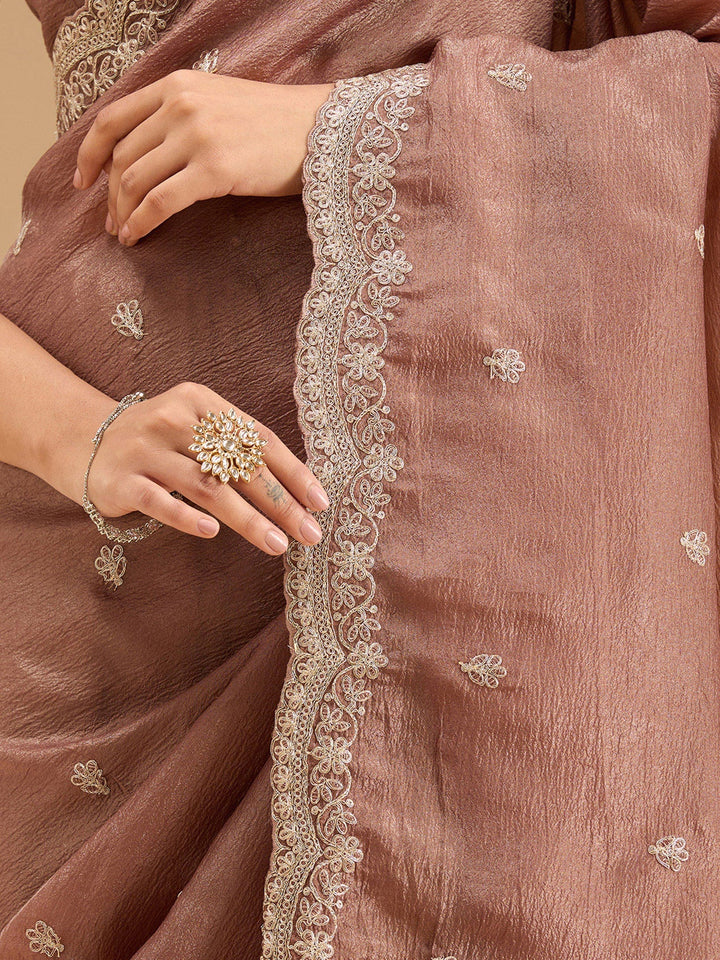 Brown Zariwork (Gold) Tissue Saree-Koskii