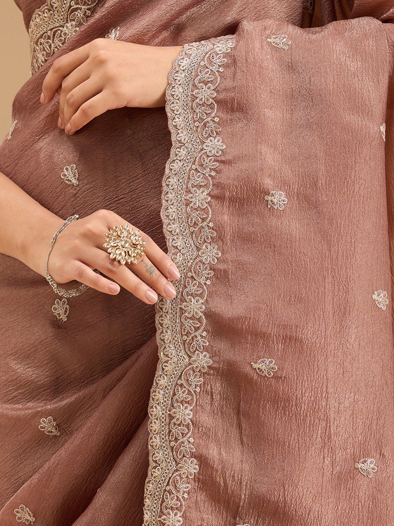 Brown Zariwork (Gold) Tissue Saree-Koskii